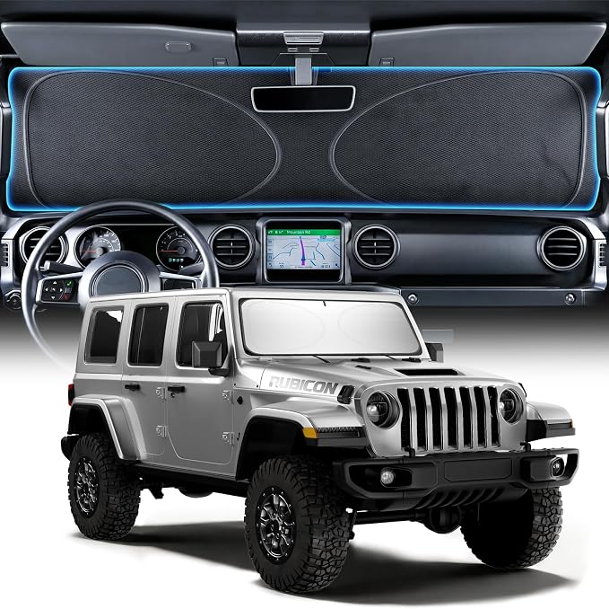 Upgraded Windshield Sun Shade for Jeep Wrangler 2000-2026 and Jeep Gladiator [Super Heat Insulation, 99.9% Sun Protection] Foldable Sunshade with Storage Bag, Car Accessories, XS (59 x 21 in)