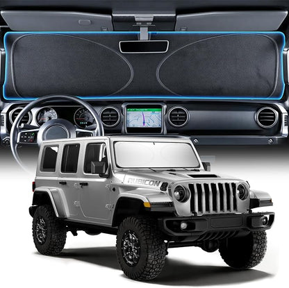 Upgraded Windshield Sun Shade for Jeep Wrangler 2000-2026 and Jeep Gladiator [Super Heat Insulation, 99.9% Sun Protection] Foldable Sunshade with Storage Bag, Car Accessories, XS (59 x 21 in)