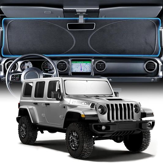 Upgraded Windshield Sun Shade for Jeep Wrangler 2000-2026 and Jeep Gladiator [Super Heat Insulation, 99.9% Sun Protection] Foldable Sunshade with Storage Bag, Car Accessories, XS (59 x 21 in)