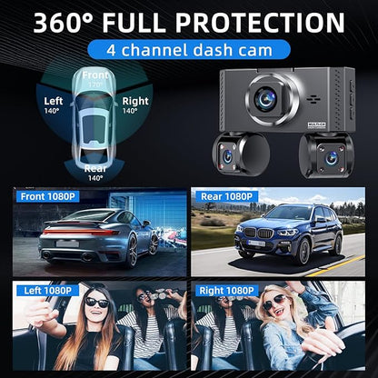 360° View 4 Channel Dash Cam Front and Rear, Dash Camera for Car with 3.16" IPS Touch Screen, 8 IR Night Vision, 5G WiFi&GPS,APP Control, G-Sensor, Loop Recording, Parking Mode, 64GB Card