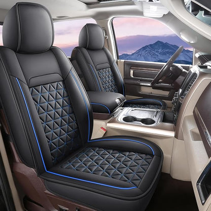 Coverado Seat Covers for Dodge Ram, Waterproof Front Car Seat Covers for Truck Compatible with 2002-2026 Dodge Ram 1500 2500 3500 Crew Double Mega Quad Cab(Black&Blue line)