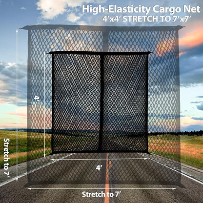 Cargo Net for Pickup Truck Bed, Trucks Cargo Net Mesh Organizer, 4'x4' Stretch to 7'x7' Highly Elastic Truck Bed Net for Camping, Trip Luggage, Compatible with Trailer, Ford, Chevrolet, Dodge