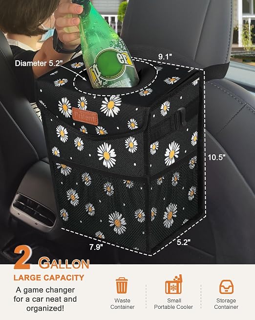 Pritent Car Trash Can with Lid, Cute Leakproof Car Trash Garbage Bag Hanging Vehicle Trash Bin Small Portable Automotive Garbage Cans Organizer for Back/Front Seat/Console(Trapezoid,Black Flower)