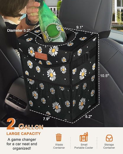 Pritent Car Trash Can with Lid, Cute Leakproof Car Trash Garbage Bag Hanging Vehicle Trash Bin Small Portable Automotive Garbage Cans Organizer for Back/Front Seat/Console(Trapezoid,Black Flower)