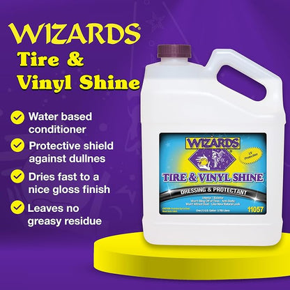Wizards - Vinyl & Tire Shine Spray, Tire Dressing and Protectant, Professional Detail Spray, No Sling Off, Anti-static Car Detailing Spray, KeepingTires & Vinyls Look New, Car Care Products, 1 Gallon