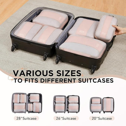OlarHike 6 Set Compression Packing Cubes for Travel Essentials,Compressible Expandable Space Saver Bags for Organizing Clothes,Luggage Suitcase Garment Bags with Over 1000 pcs Mesh Holes(Beige)