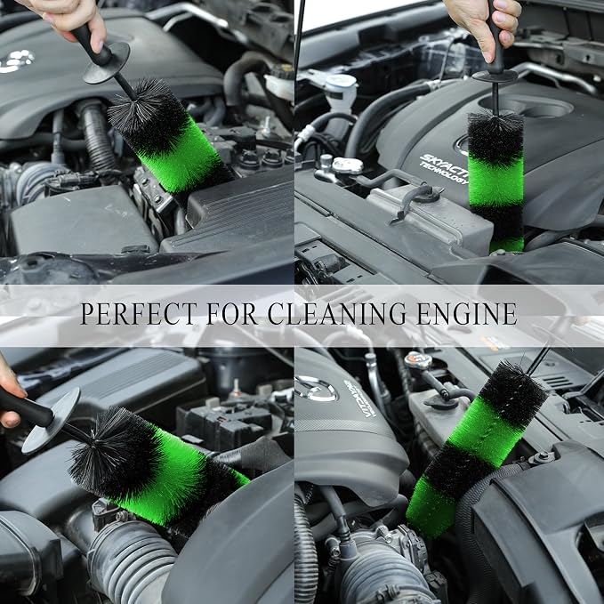 TAKAVU Master Wheel & Tire Brush, Easy Reach Rim Detailing Brush, Multipurpose Use for Wheels, Rims, Exhaust Tips, Motorcycles (Green)