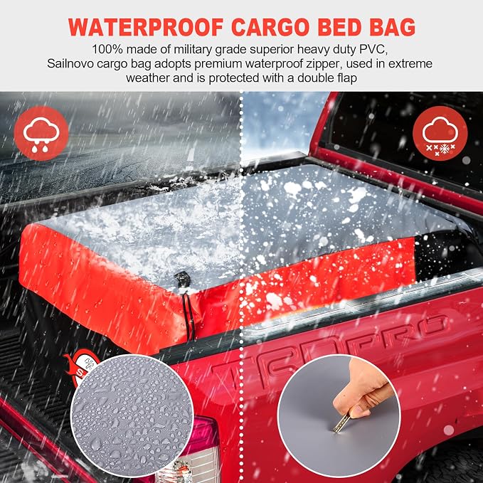 Sailnovo Truck Bed Cargo Bag, 26 Cubic ft Waterproof Cargo Bag for Truck Bed, Heavy Duty PVC Truck Cargo Bag Fits Any Truck Size with 6 Stretch Cord, Packing Bag (50''x40''x22'') Red