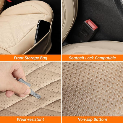 Car Seat Covers Front Seats Beige, Luxury Leather Automotive Seat Covers with Lumbar Support, Waterproof Car Seat Protector Universal Fit for Most Cars Trucks Pick-ups SUVs