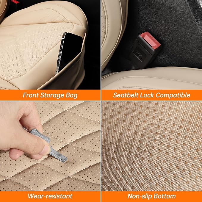 Car Seat Covers Full Set, Nappa Leather Seat Covers for Cars, Beige Car Seat Protector Waterproof, Car Seat Covers Front Seats and Back Fit for Most Cars SUVs Trucks