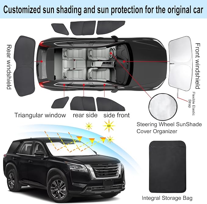 TINGLU Window Shades for Nissan Pathfinder 2022-2026 Accessories Car Side Full Windows Rear Triangular Windshield Sun Shade Sun UV Rays & Privacy Protection for Camping,Napping,and Relaxing 8PCS