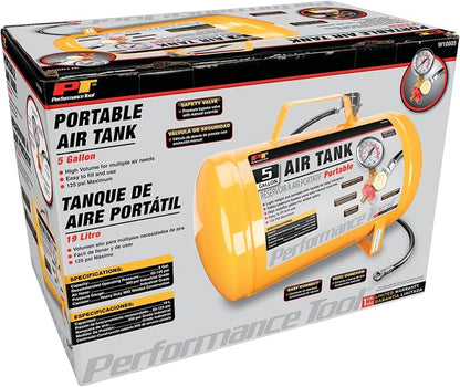 Performance Tool W10005 Hi-viz 5-Gallon Horizontal Portable Air Tank With Tire Air Chuck , Yellow