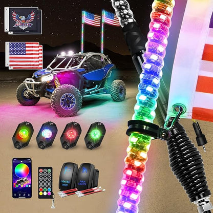 Nilight 2PCS 4FT RGB LED Whip Light with Spring Base and 4 PCS Rock Lights Combo, Remote App Control w/DIY Chasing Patterns Turn Signal Brake Reverse Antenna Lighted Whips for ATV UTV Polaris RZR Jeep