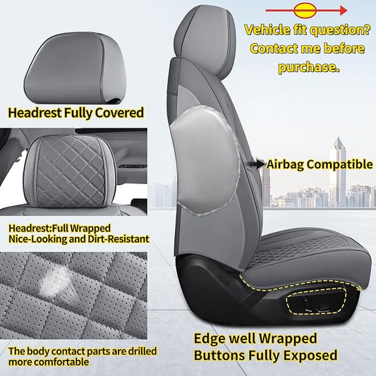 Car Seat Covers Full Set, Grey Leather Seat Covers, Breathable Front and Back Car Seat Protectors, Wear-Resistant Seat Covers Universal Fit for Most Cars SUV Truck (Grey-Diamonds, Full Set)