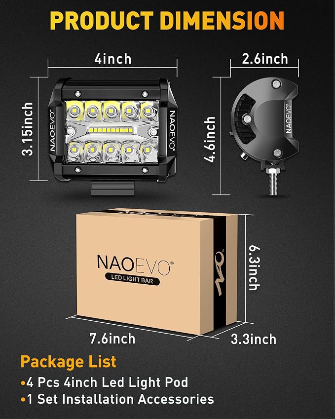 NAOEVO 4 Inch LED Pod Lights, 240W 24,000LM LED Fog/Driving/Off Road Lights with Spot Flood Combo, Cube Pods for Truck Boat ATV UTV Pickup, 4 Pcs (White)