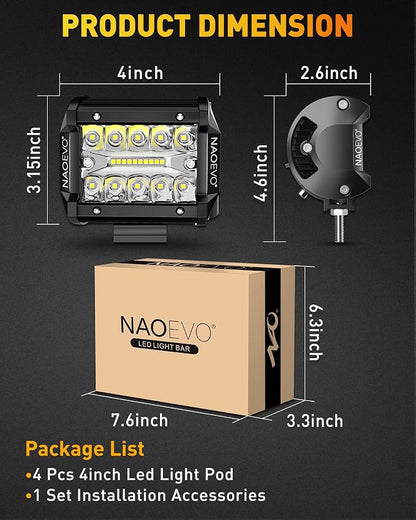 NAOEVO 4 Inch LED Pod Lights, 240W 24,000LM LED Fog/Driving/Off Road Lights with Spot Flood Combo, Cube Pods for Truck Boat ATV UTV Pickup, 4 Pcs (White)