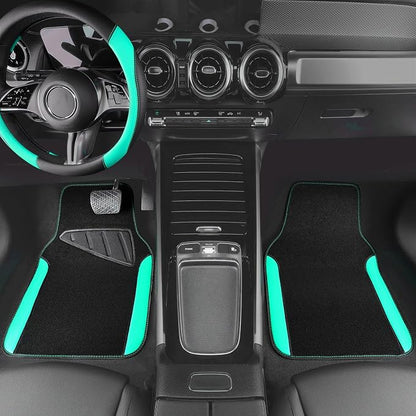 CAR PASS Faux Leather Steering Wheel Cover and Waterproof Car Floor Mats,Universal Car Combo Fit for 95% Sedan,SUV,Cars,14.5-15inch Sporty Anti-Slip Safety Comfortable Design(Black＆Mint)