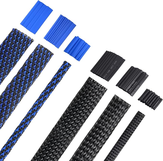 Xuniea 96ft Wire Loom Braided Cable Sleeve Covers Cord Management with 127 Pcs Tube Heat Shrinkable for Audio Video Cable Cord Protectors from Pets(1/2, 1/4, 3/8 Inch,Black and Blue)