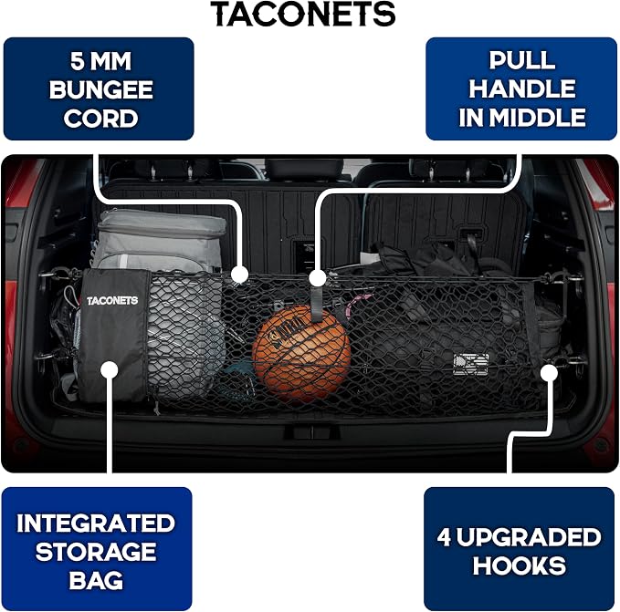 TacoNets Envelope Cargo Net for Acadia/Traverse/Enclave - Fits 2024-Current - Upgraded 5mm Bungee - Integrated Storage Bag - Heavy Duty Hooks - Designed in USA