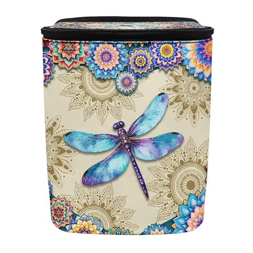 Vibrant Boho Mandala Dragonfly Print Car Trash Can with Lid and Zipper Portable Foldable Garbage Can Hanging for Headrest Leakproof Organizer and Storage Bag Car Accessories