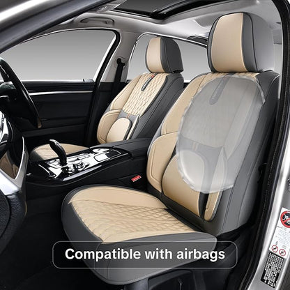 Khaki Car Seat Cover Complete Set, Universal Car Seat Cover for Car with Lumbar Support, Premium Artificial Leather, Waterproof and Easy to Clean, Airbag Compatible, Seat Heating Compatible