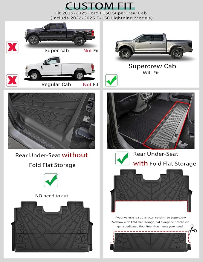 KARPAL Floor Mats for 2015-2026 Ford F-150 & 2022-2026 F150 Lightning SuperCrew, Custom Fit TPE All Weather Ford F150 Accessories 1st & 2nd Row Floor Liner