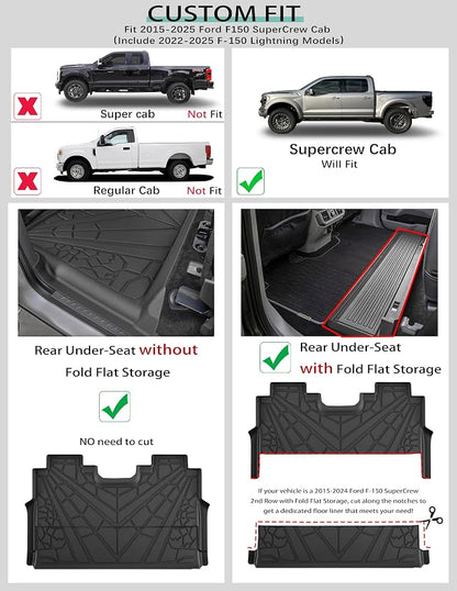 KARPAL Floor Mats for 2015-2026 Ford F-150 & 2022-2026 F150 Lightning SuperCrew, Custom Fit TPE All Weather Ford F150 Accessories 1st & 2nd Row Floor Liner