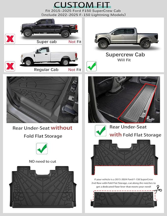KARPAL Floor Mats for 2015-2026 Ford F-150 & 2022-2026 F150 Lightning SuperCrew, Custom Fit TPE All Weather Ford F150 Accessories 1st & 2nd Row Floor Liner
