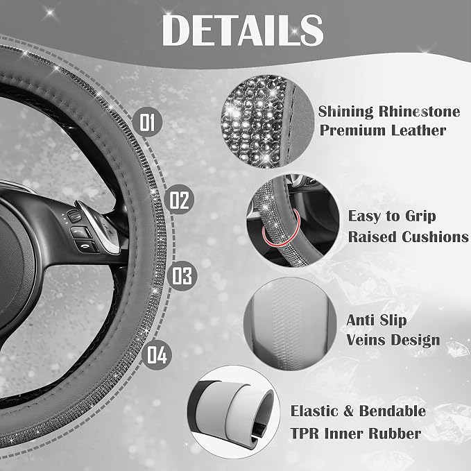 CAR PASS Bling Diamond Leather Steering Wheel Cover, with Bling Sparkly Crystal Glitter Rhinestones Universal Fit 14" 1/2-15" Car Wheel Protector for Women Girl Fit Suvs,Vans,Sedans,Cars,Trucks, Gray