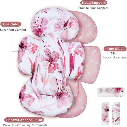 TinlyFinly Newborn Car Seat Insert, Head and Body Support, Reversible Infant Insert Compatible with Baby Carseat, Stroller, Mamaroo Swing, Rocker, Bouncer. Baby Car Seat Cushion - Pink Floral