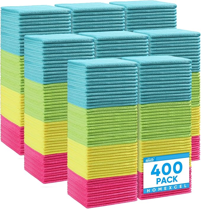 HOMEXCEL Microfiber Cleaning Cloth, 400 Pack Cleaning Towels for Kitchen, Lint Free, Scratch-Free, Highly Absorbent, and Reusable Cleaning Rags for House, Window and Glass, Cars, 11.5 X11.5 inch