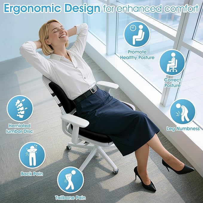 CushZone Ergonomic Seat Cushion & Lumbar Support Pillow - Memory Foam for Sciatica Pain Relief & Posture Correction, Non-Slip Chair Cushions for Office Chair/Car/Wheelchair/Travel (Black)