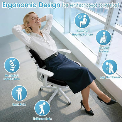 CushZone Ergonomic Seat Cushion & Lumbar Support Pillow - Memory Foam for Sciatica Pain Relief & Posture Correction, Non-Slip Chair Cushions for Office Chair/Car/Wheelchair/Travel (Black)