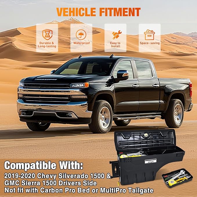 Nilight Truck Bed Tool Box Left Drivers Side Truck Tool Box Fit for Chevrolet Silverado 1500 GMC Sierra 1500 2019 2020 ABS Swing Case Truck Bed Storage Box w Lockable Lid Waterproof Wheel Well Toolbox