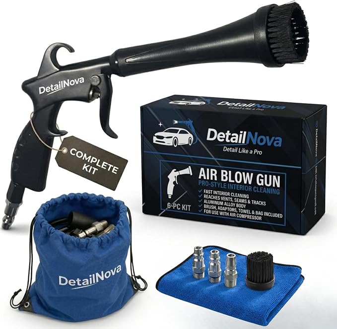 Air Blow Gun for Car Detailing - Durable Tornado Air Gun with Brush Nozzle, Storage Bag, 3 Compressor Adaptors & Microfiber Towel - Requires Compressor, Easy to Set Up
