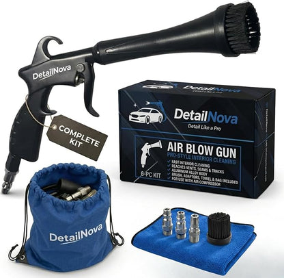 Air Blow Gun for Car Detailing - Durable Tornado Air Gun with Brush Nozzle, Storage Bag, 3 Compressor Adaptors & Microfiber Towel - Requires Compressor, Easy to Set Up