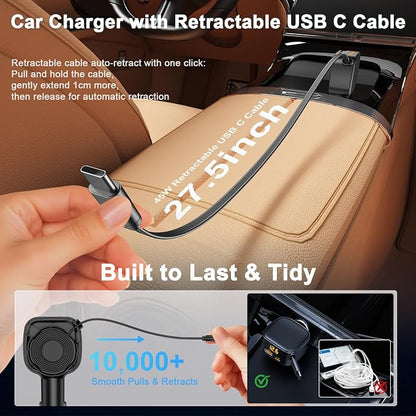 93W Retractable Car Charger, USB C Car Charger Fast Charging with PD PPS & QC 3.0, Multi Port Cigarette Lighter Adapter with Voltmeter for iPhone 17 16 15 Pro Max, Samsung S26/S25 iPad Pixel