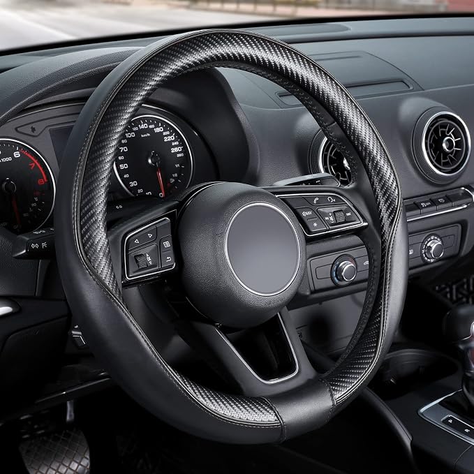 SEG Direct Car Steering Wheel Cover Universal Standard-Size 14 1/2"-15" Leather with Carbon Fiber Pattern Black