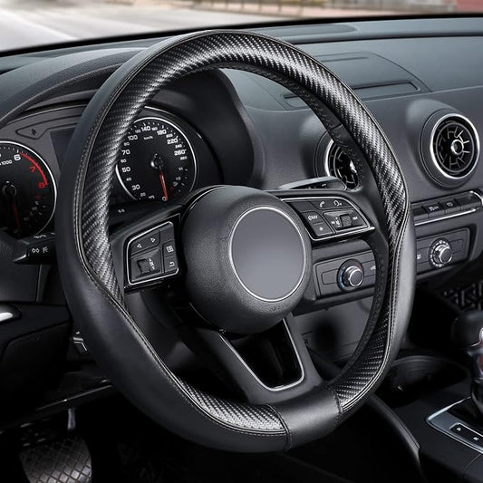 SEG Direct Car Steering Wheel Cover Universal Standard-Size 14 1/2"-15" Leather with Carbon Fiber Pattern Black