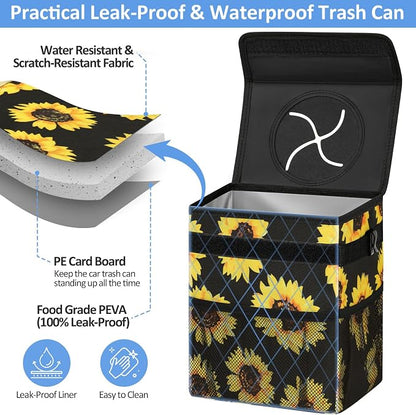 ELONGRIVER Car Trash Can Bin for Back Seat Leak Proof, Cute Car Trash Bag Hanging, Vehicle Trash Can for SUV Truck Van, Automotive Garbage Cans Front Seat Sunflower Floral