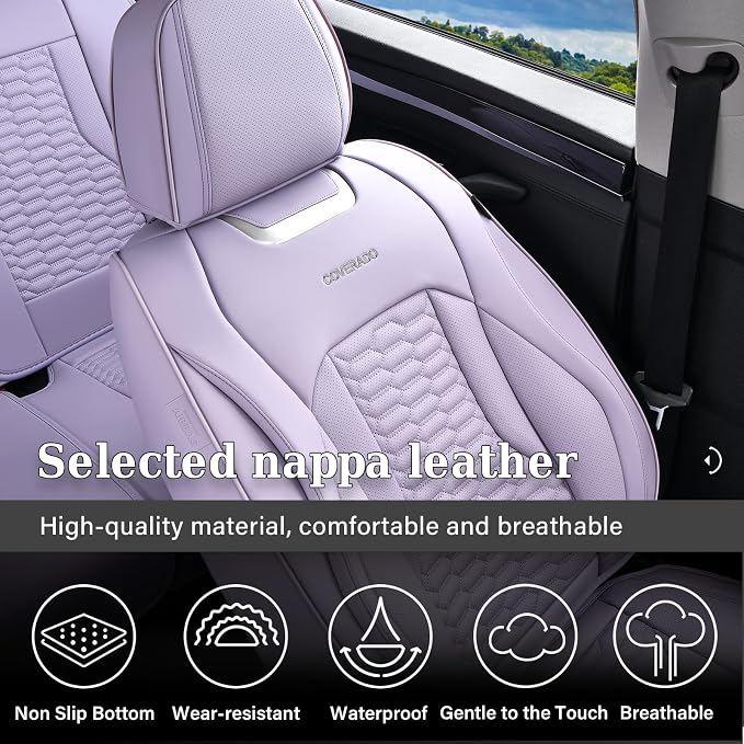 Coverado Car Seat Covers Full Set, Nappa Leather Seat Covers for Cars, Waterproof Automotive Car Seat Covers Interior Accessories Universal Fit Most Sedans, SUVs, Pick-up Trucks (Purple)