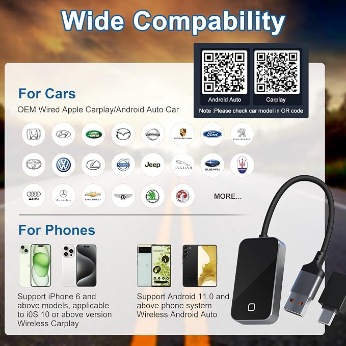 Wireless Carplay and Android Auto Adapter - Android Carplay for iPhone 6+/2016+ Cars, USB/Type-C Bluetooth Wireless Auto Car Adapter with 5Ghz WiFi Bluetooth Connection