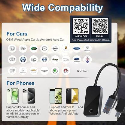 Wireless Carplay and Android Auto Adapter - Android Carplay for iPhone 6+/2016+ Cars, USB/Type-C Bluetooth Wireless Auto Car Adapter with 5Ghz WiFi Bluetooth Connection