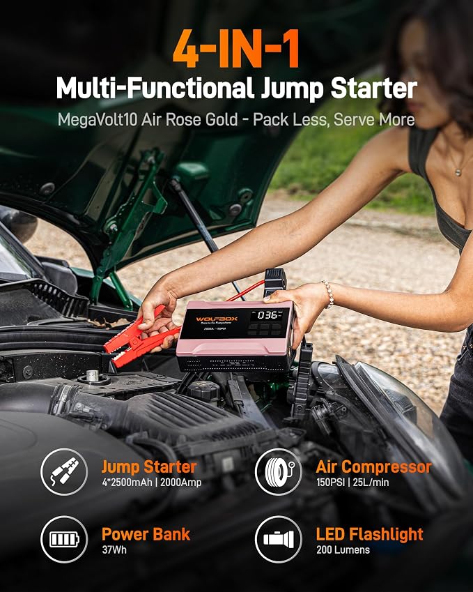WOLFBOX 2000A Jump Starter with Air Compressor, 37Wh Car Battery Booster Jumper Starter Portable(up to 5L Gas Engine), 12V Jump Box Pack with 150PSI Tire Inflator, Jumper Cables, LED Light — Rose Gold