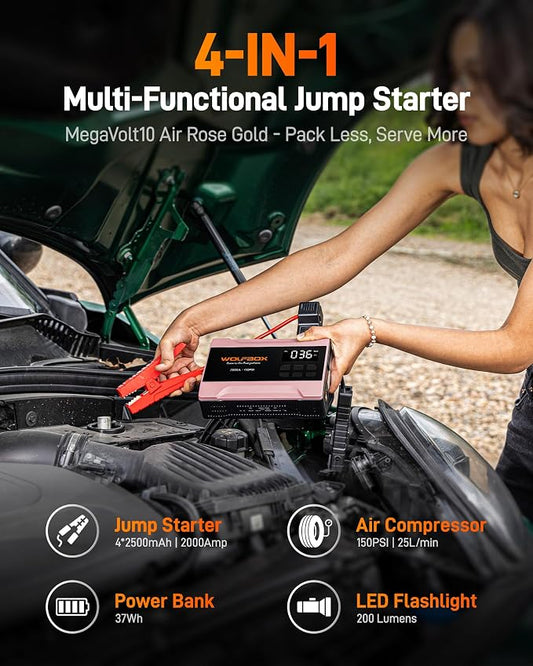 WOLFBOX 2000A Jump Starter with Air Compressor, 37Wh Car Battery Booster Jumper Starter Portable(up to 5L Gas Engine), 12V Jump Box Pack with 150PSI Tire Inflator, Jumper Cables, LED Light — Rose Gold