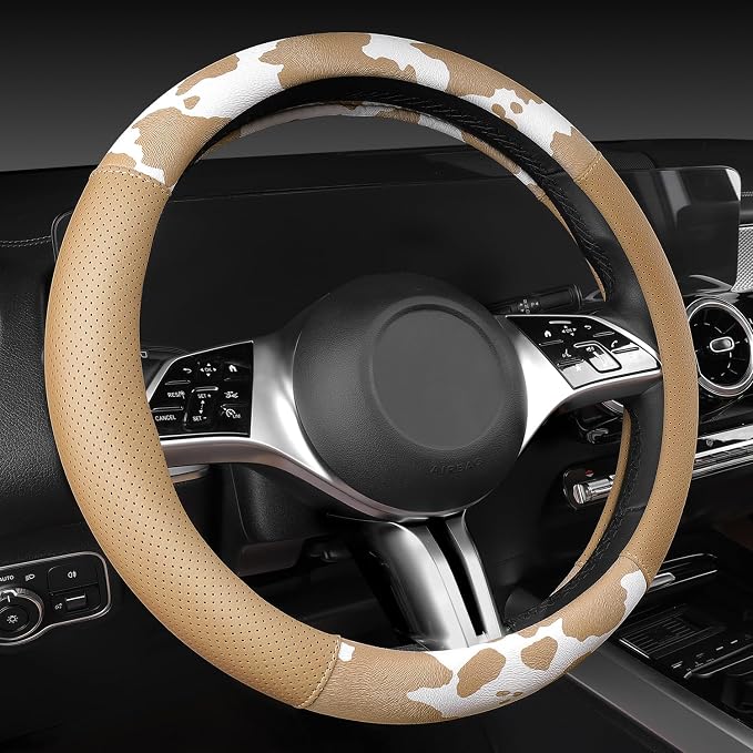 CAR PASS Cow Print Faux Leather Car Seat Covers & Cow Car Mats & Cow Steering Wheel Cover Seat Belt Pads Universal fit for SUV,Van,Saden,Truck Cute Car Accessories Automobile Interior Sets All Beige