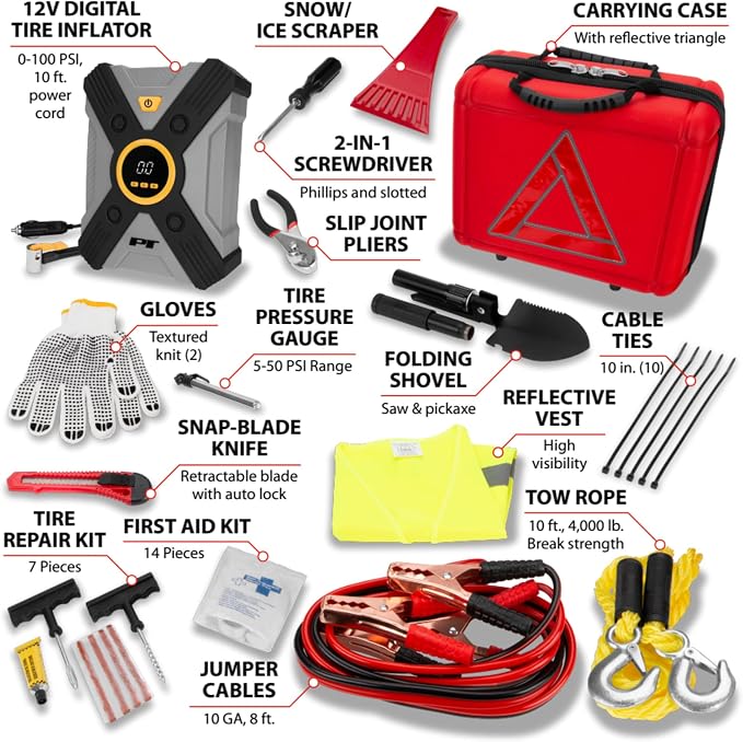 Performance Tool E00014 44 pc. Premium Roadside Assistance Kit, Featuring Vortex 12V Digital Tire Inflator, Booster Cables, Tow Rope, Shovel, First Aid Kit, Safety Triangles, Tool Kit and Case