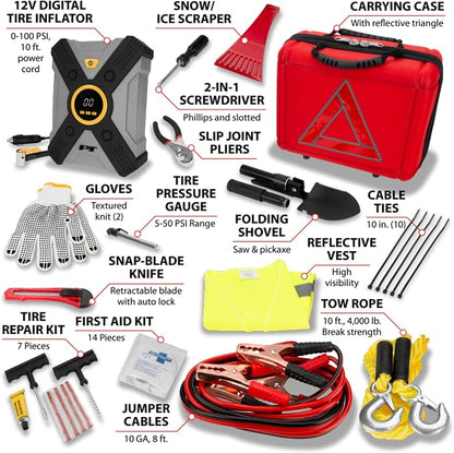 Performance Tool E00014 44 pc. Premium Roadside Assistance Kit, Featuring Vortex 12V Digital Tire Inflator, Booster Cables, Tow Rope, Shovel, First Aid Kit, Safety Triangles, Tool Kit and Case