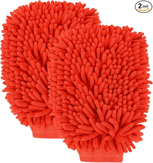 wuyaoyao 2PCS Car Wash Mitt, 10.14"×7.12" Chenille Microfiber Car Wash Mitts, Scratch-Free & Lint-Free, Absorbent Double Sided Clean Glove for Cars Cleaning, Auto Cleaning Supplies (Red)