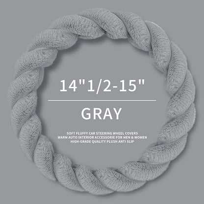 HighnessHwoo Luxury Fluffy Winter Car Steering Wheel Cover for Women Soft Warm Plush Cute Auto Accessories for Vehicle, Sedan, Universal, Fuzzy, Anti Slip, Gray, Standard Size, 14.75-15.15"